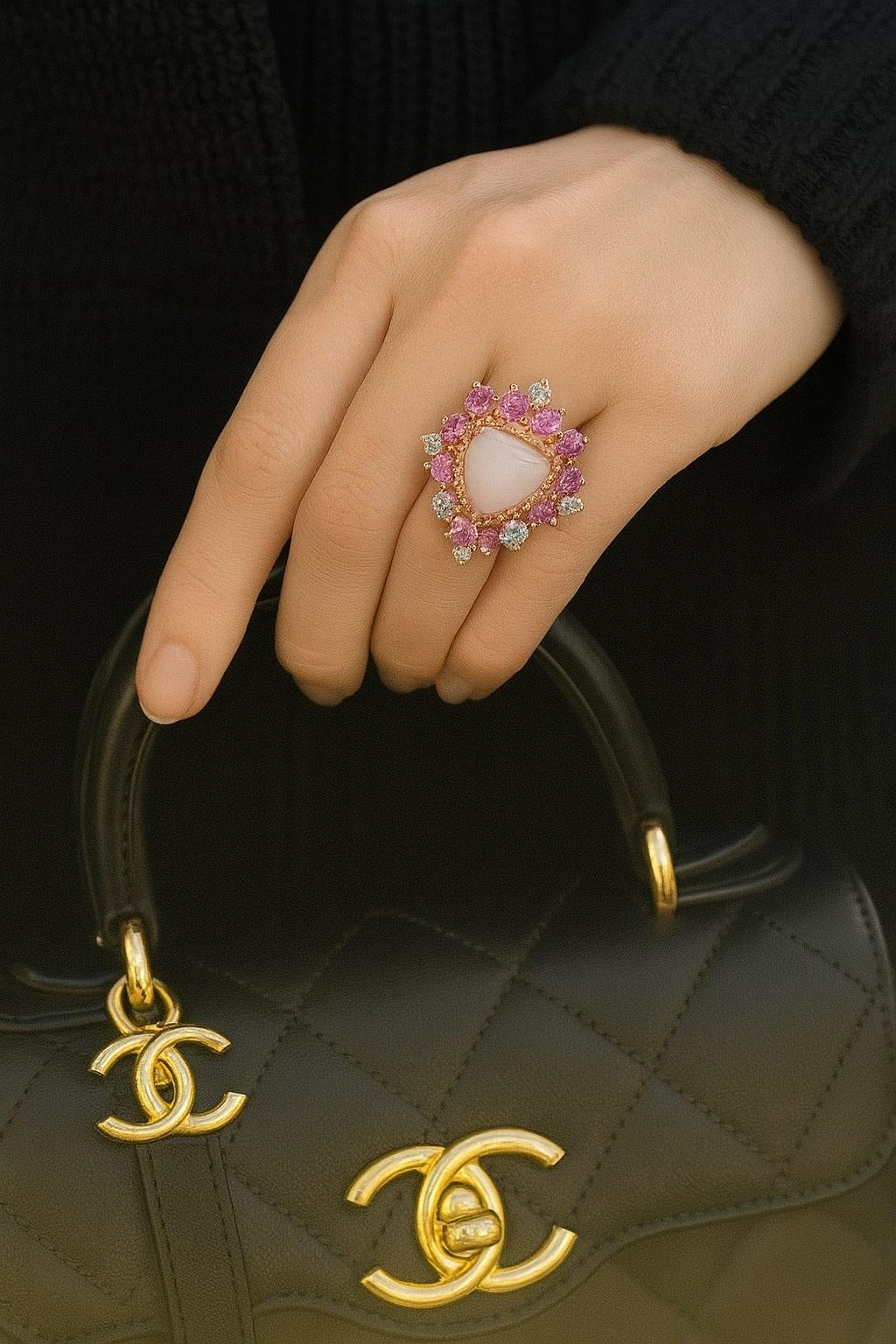 Bochic “Orient” Vintage Diamond, Tanzanite & Sapphire Ring Set 18K Gold & Silver For Sale 5