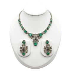 Bochic “Orient” Vintage Emerald & Diamond Necklace & Earring Suite 18K Gold & Si