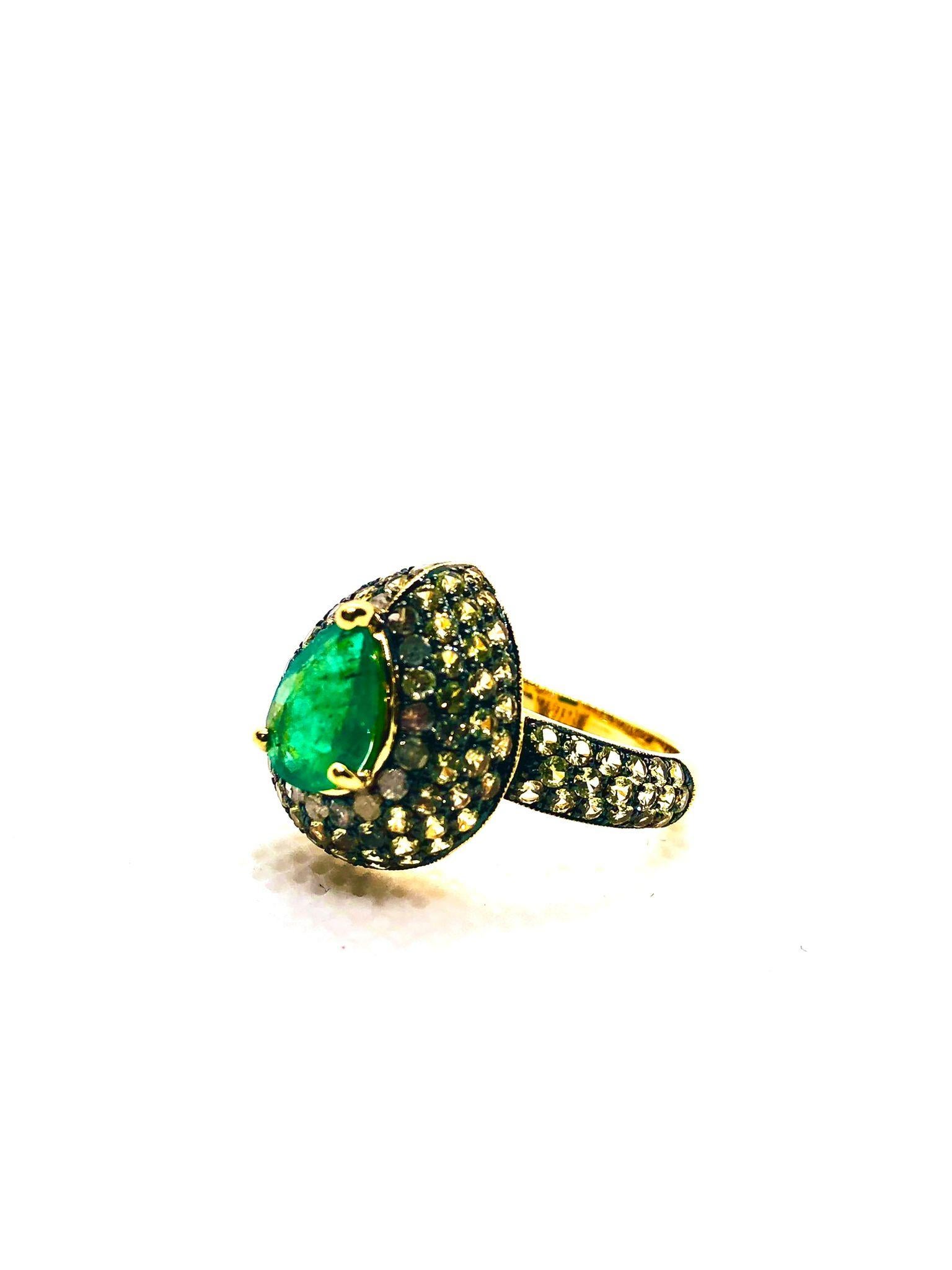 Bochic “Orient” Vintage Emerald & Fancy Yellow Sapphire Ring Set In 18K Gold & S For Sale 5