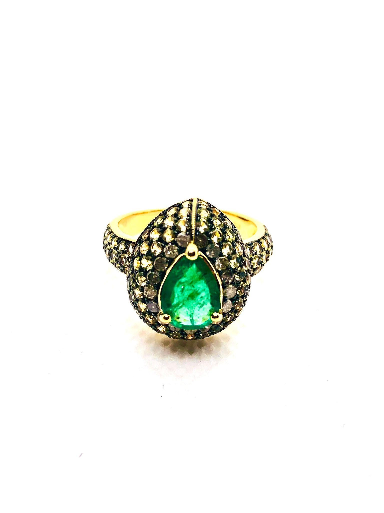 Bochic “Orient” Vintage Emerald & Fancy Yellow Sapphire Ring Set In 18K Gold & S For Sale 7