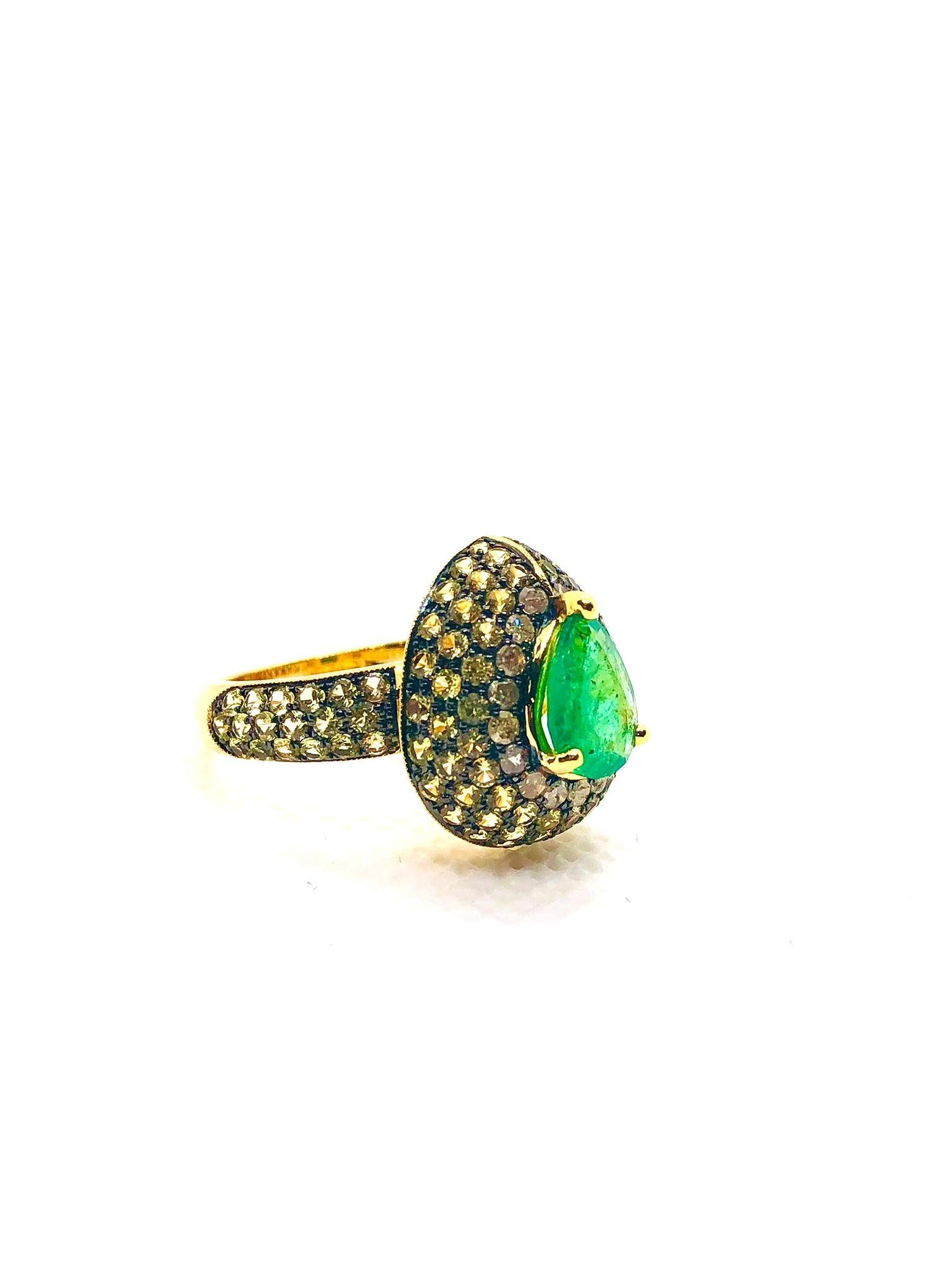 Bochic “Orient” Vintage Emerald & Fancy Yellow Sapphire Ring Set In 18K Gold & S For Sale 2