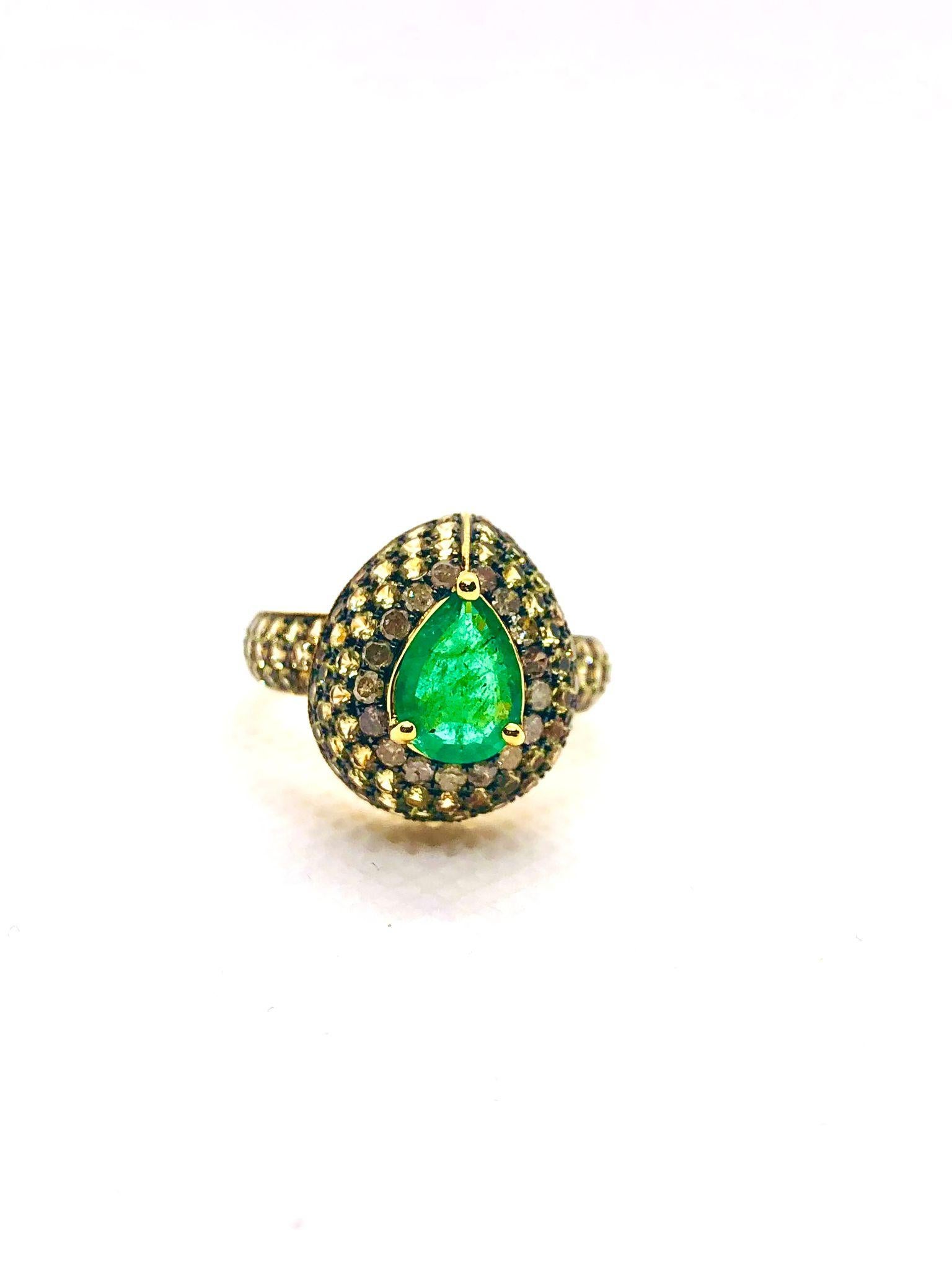 Bochic “Orient” Vintage Emerald & Fancy Yellow Sapphire Ring Set In 18K Gold & S For Sale 3