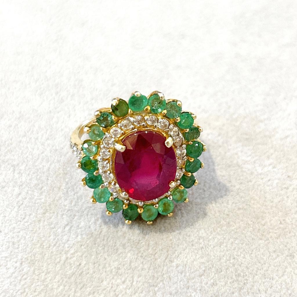 Brilliant Cut Bochic “Orient” Vintage Emerald, Ruby & Diamond Ring Set In 18K Gold & Silver 
