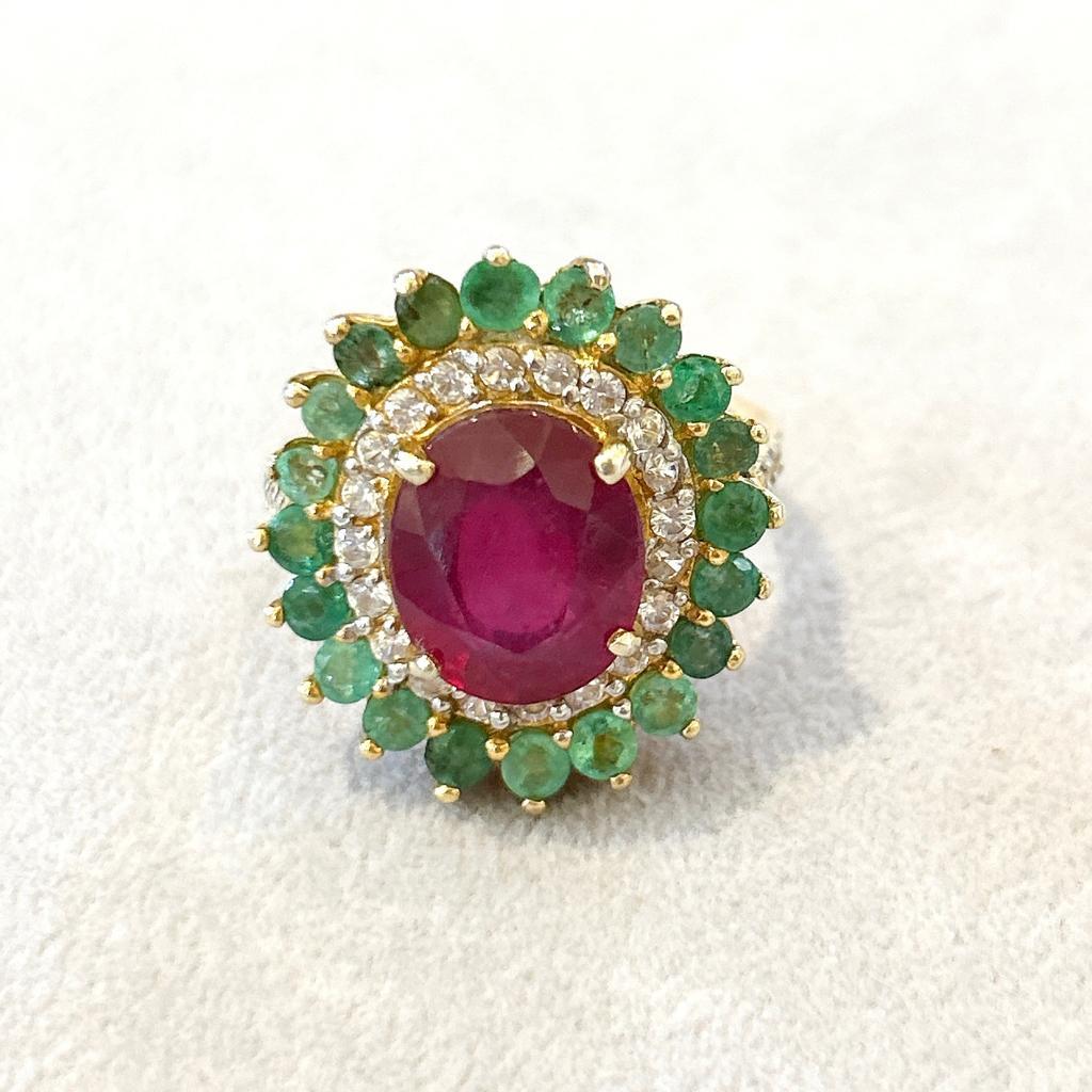 Women's or Men's Bochic “Orient” Vintage Emerald, Ruby & Diamond Ring Set In 18K Gold & Silver 