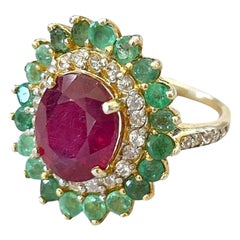 Bochic Orient Vintage-Ring aus 18 Karat Gold und Silber mit Smaragd, Rubin und Diamant