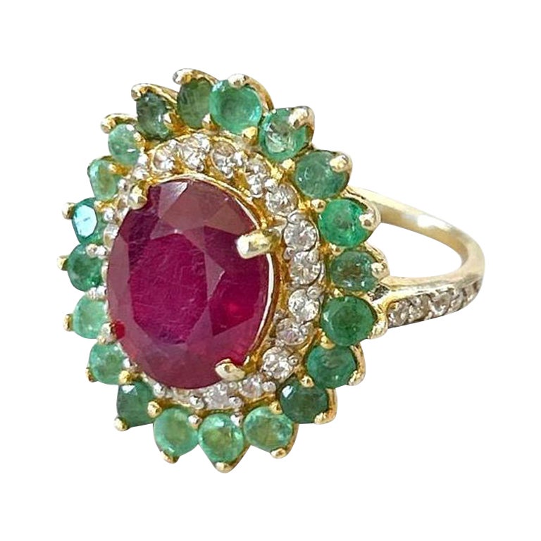 Bague Bochic Orient vintage en or et argent 18 carats sertie d'émeraudes, de rubis et de diamants