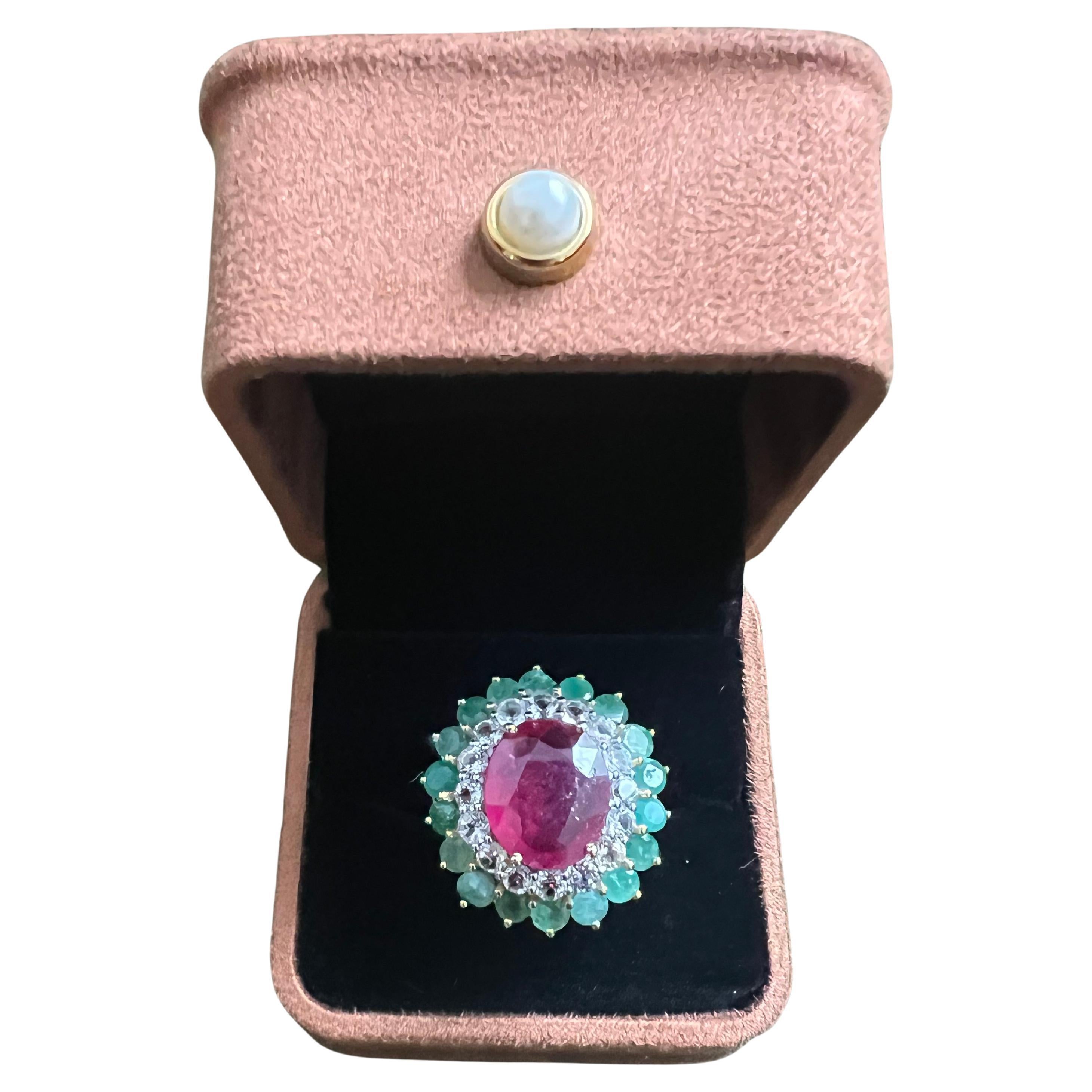 Bochic “Orient” Vintage Emerald, Ruby & Diamond Ring Set In 18K Gold & Silver