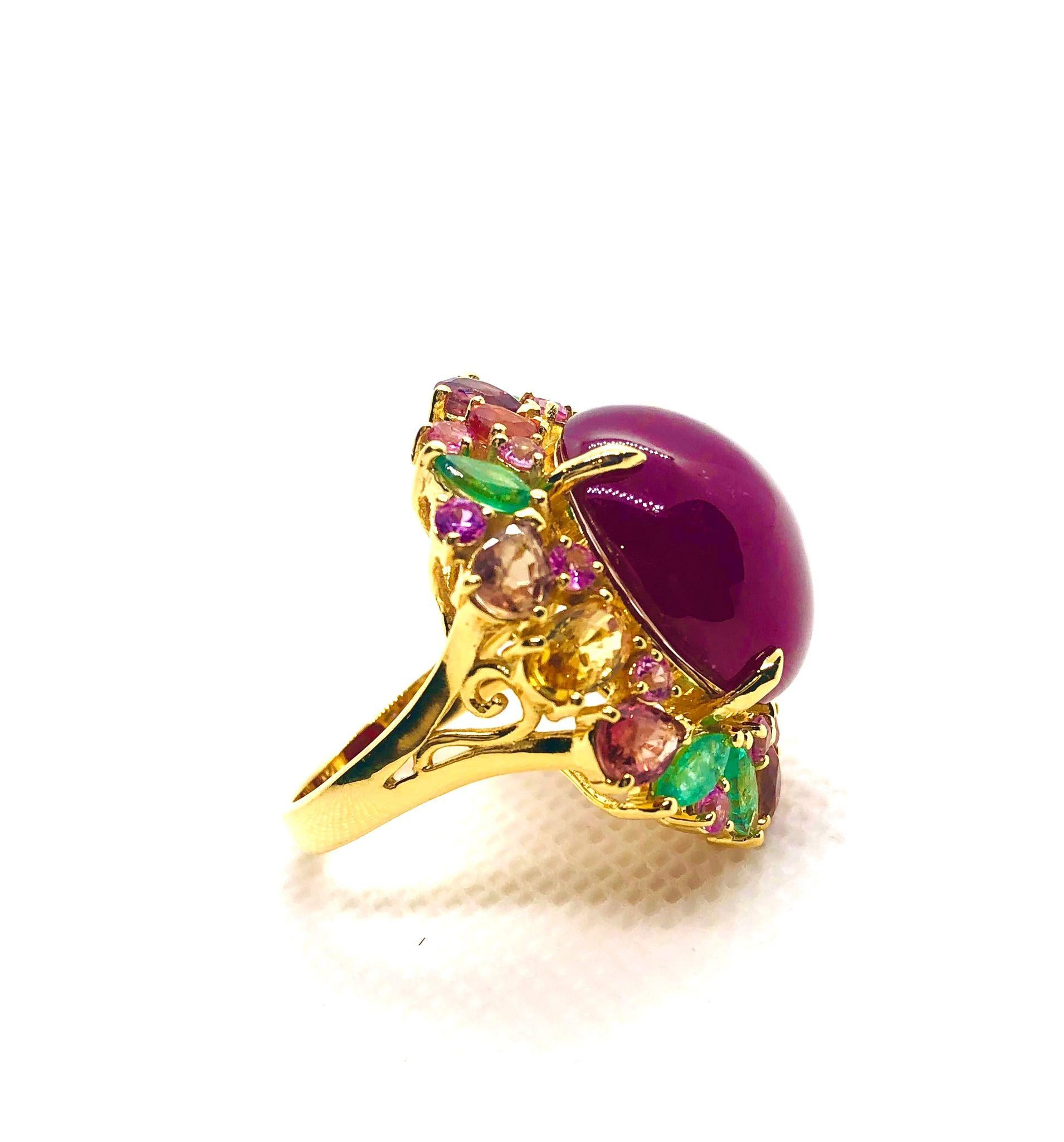 Bochic “Orient” Vintage Emerald, Ruby & Orange Sapphire Cocktail Ring 18K Gold & For Sale 5