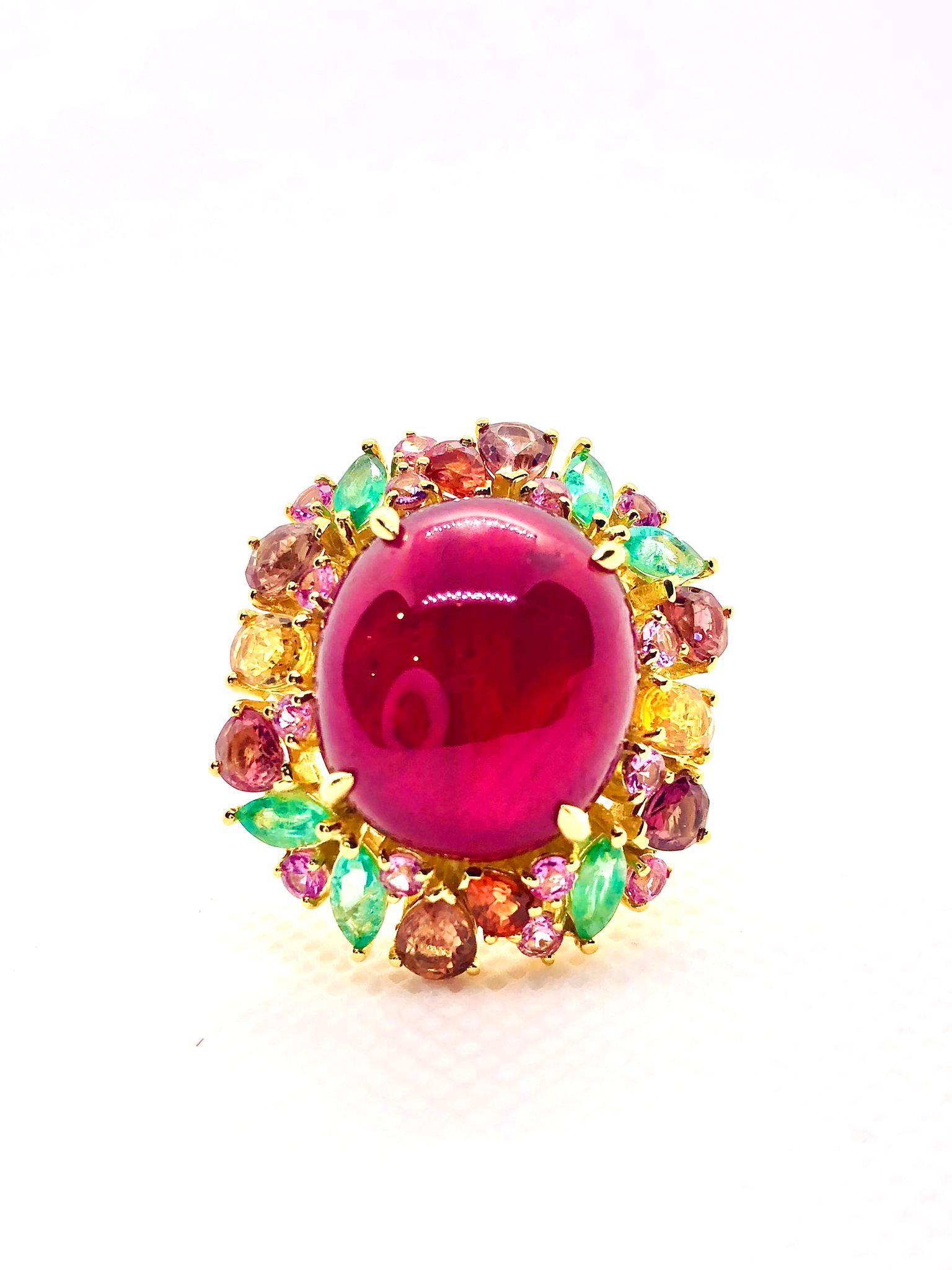 Baroque Revival Bochic “Orient” Vintage Emerald, Ruby & Orange Sapphire Cocktail Ring 18K Gold & For Sale