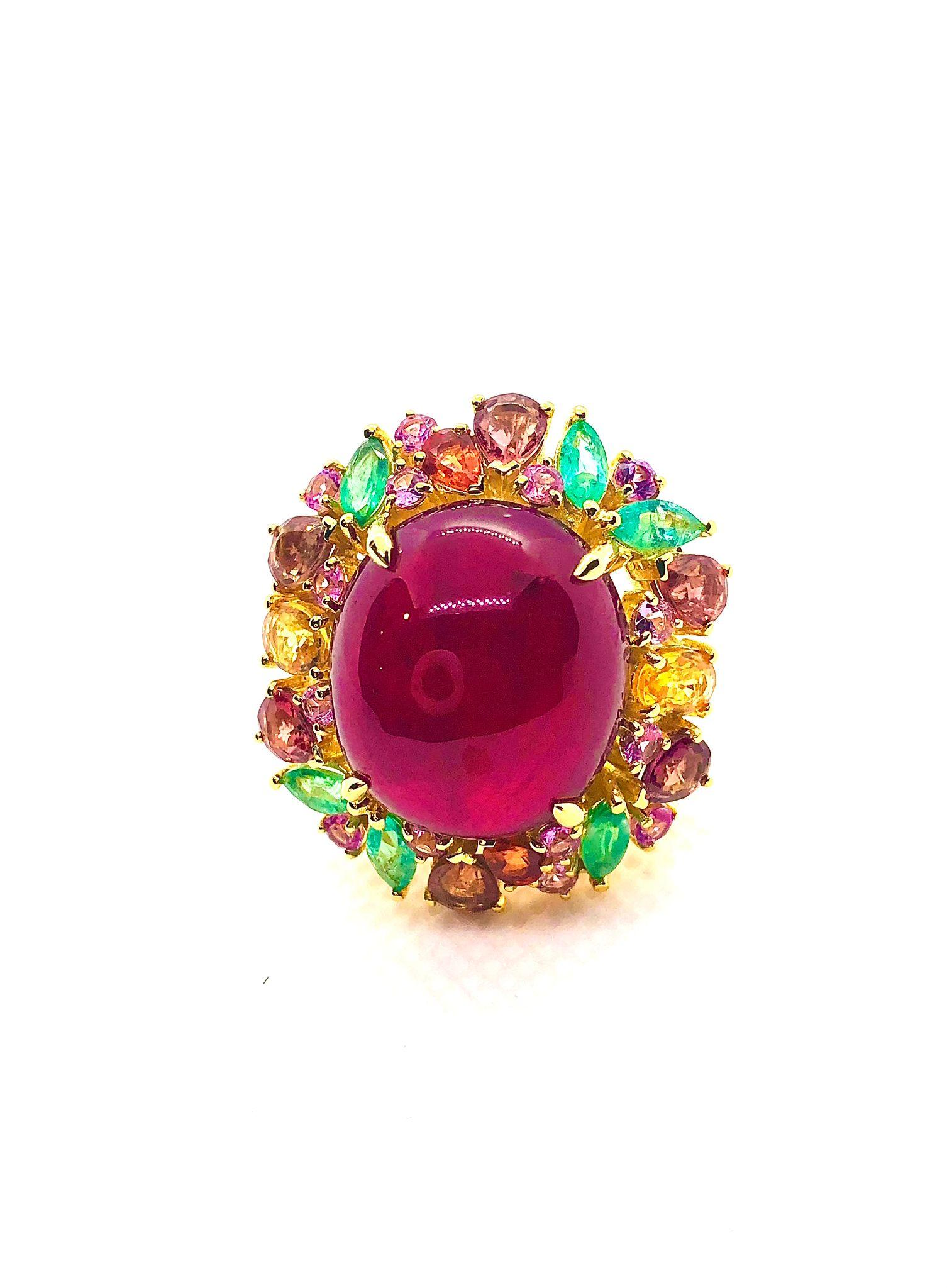 Brilliant Cut Bochic “Orient” Vintage Emerald, Ruby & Orange Sapphire Cocktail Ring 18K Gold & For Sale