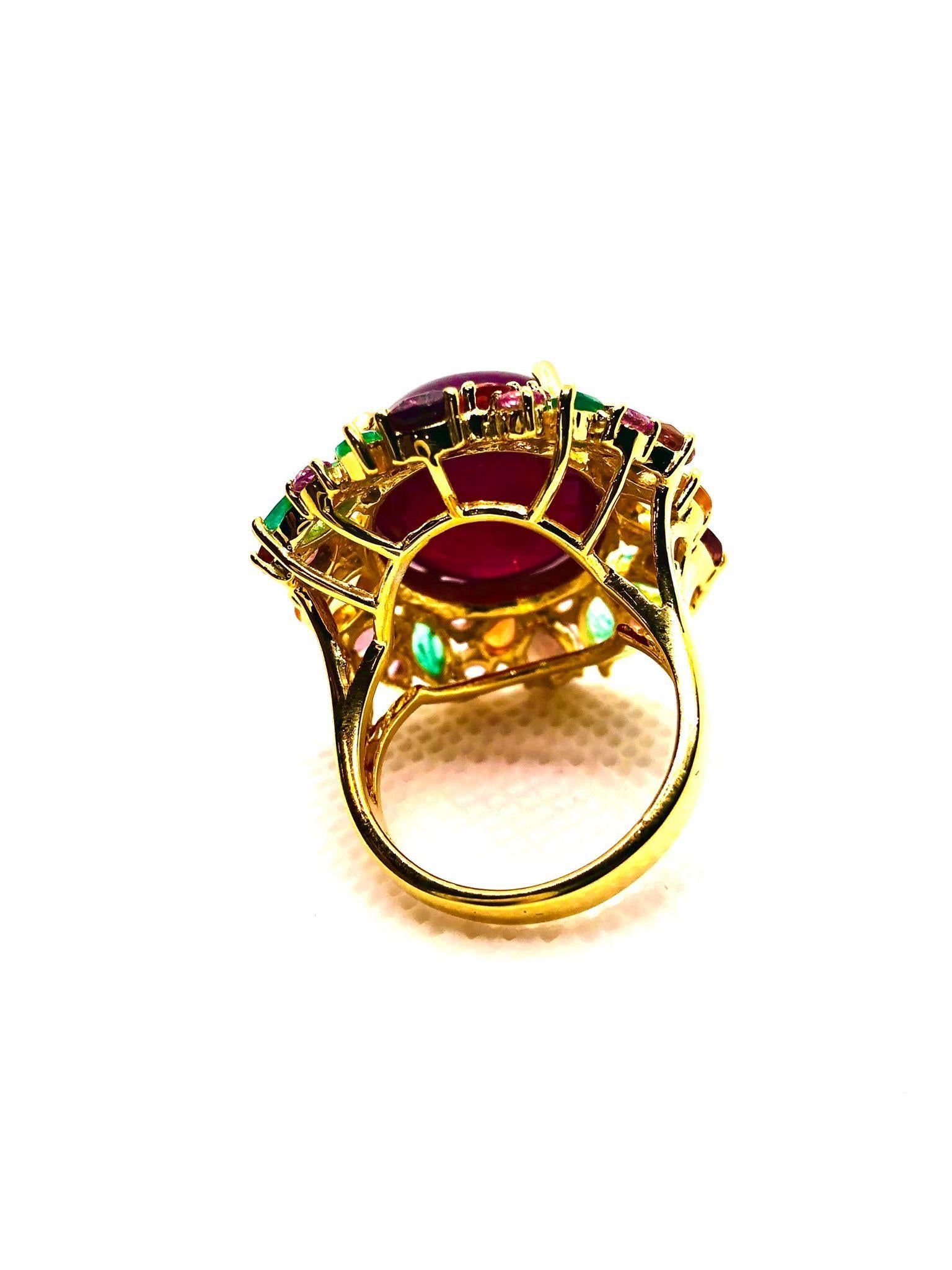 Women's or Men's Bochic “Orient” Vintage Emerald, Ruby & Orange Sapphire Cocktail Ring 18K Gold & For Sale