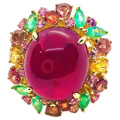 Anello da cocktail con smeraldo, rubino e zaffiro arancione vintage di Bochic "Orient", oro 18 carati e