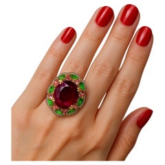 Bochic “Orient” Vintage Emerald, Ruby & Pink Tourmaline Ring Set 18 K Gold & Sil