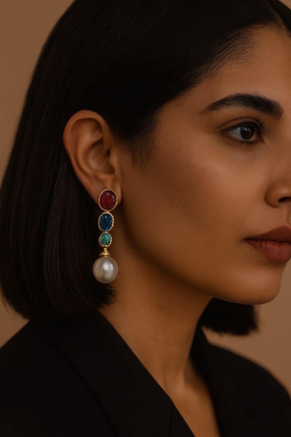 Bochic “Orient” Vintage Emerald, Sapphire, Pearls & Ruby Earrings Set 18K Gold For Sale 5