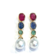 Bochic “Orient” Vintage Emerald, Sapphire, Pearls & Ruby Earrings Set 18K Gold