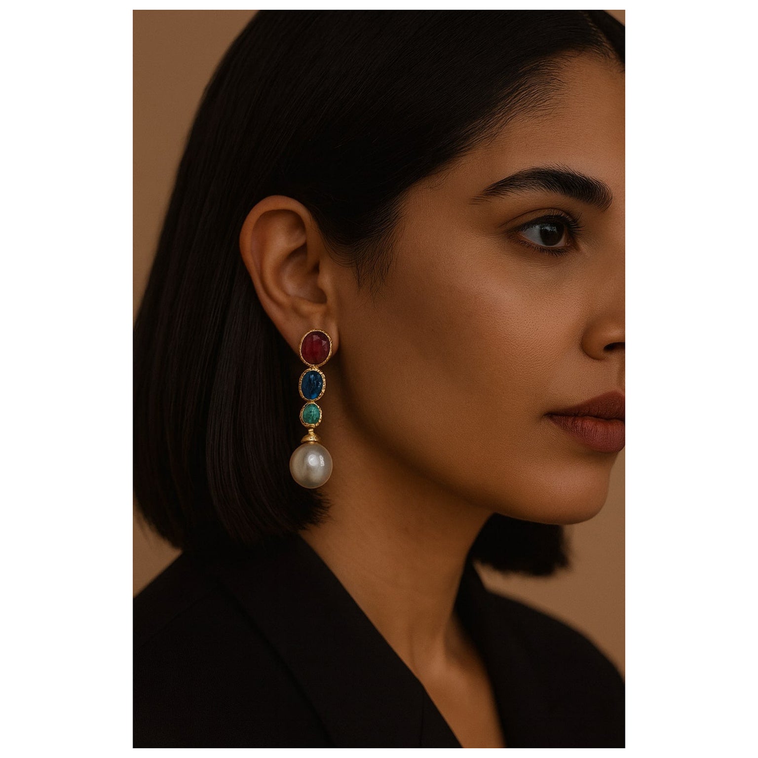 Bochic “Orient” Vintage Emerald, Sapphire, Pearls & Ruby Earrings Set 18K Gold For Sale