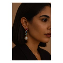 Bochic “Orient” Vintage Emerald, Sapphire, Pearls & Ruby Earrings Set 18K Gold