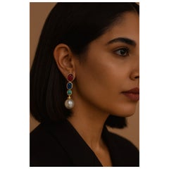 Bochic “Orient” Vintage Emerald, Sapphire, Pearls & Ruby Earrings Set 18K Gold