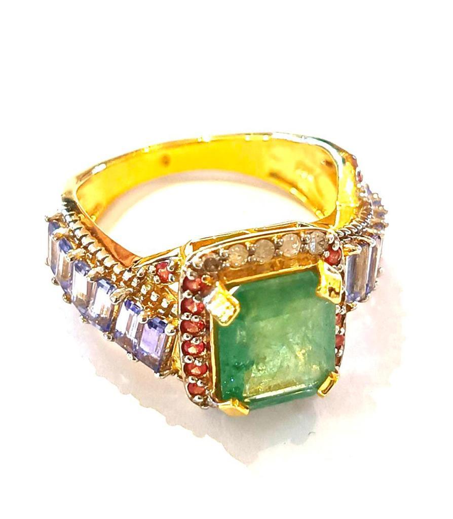 Bochic “Orient” Vintage Emerald, Tanzanite & Diamond Ring Set 18K Gold & Silver For Sale 9