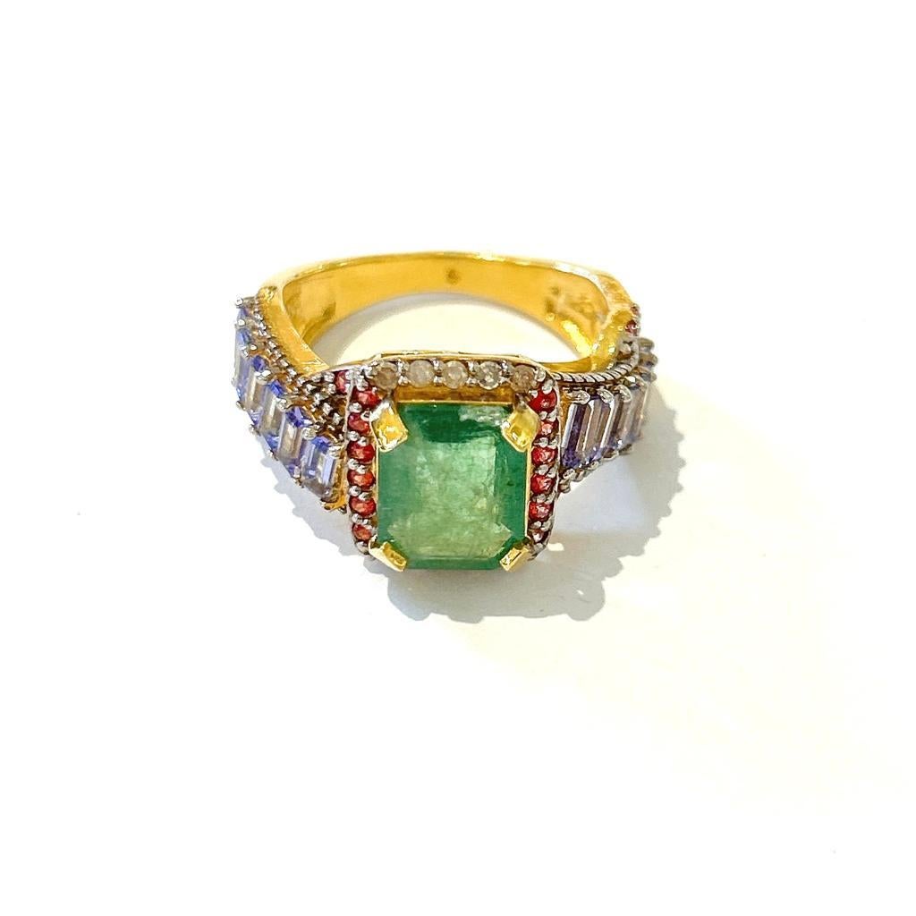Emerald Cut Bochic “Orient” Vintage Emerald, Tanzanite & Diamond Ring Set 18K Gold & Silver For Sale