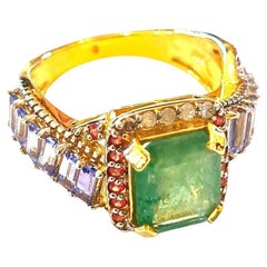 Bochic “Orient” Vintage Emerald, Tanzanite & Diamond Ring Set 18K Gold & Silver