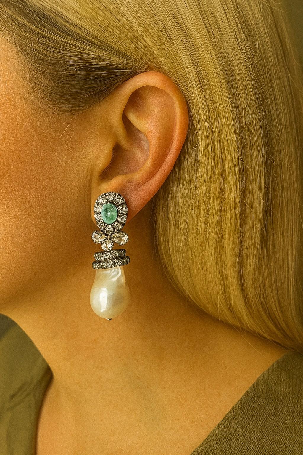 Bochic “Orient” Vintage Emerald, Topaz & Pearls Earrings Set 18K Gold&Silver For Sale 11