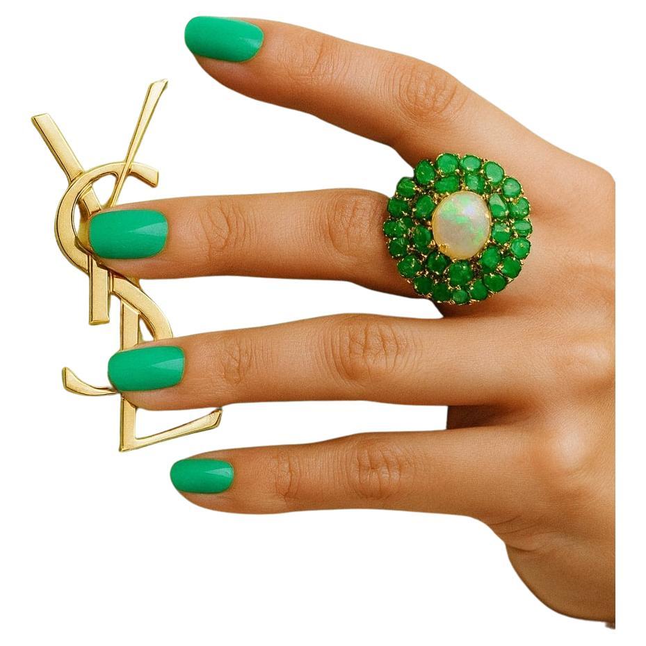 Anello Bochic "Orient" con smeraldi e opale di fuoco d'epoca in oro e argento 18 carati in vendita