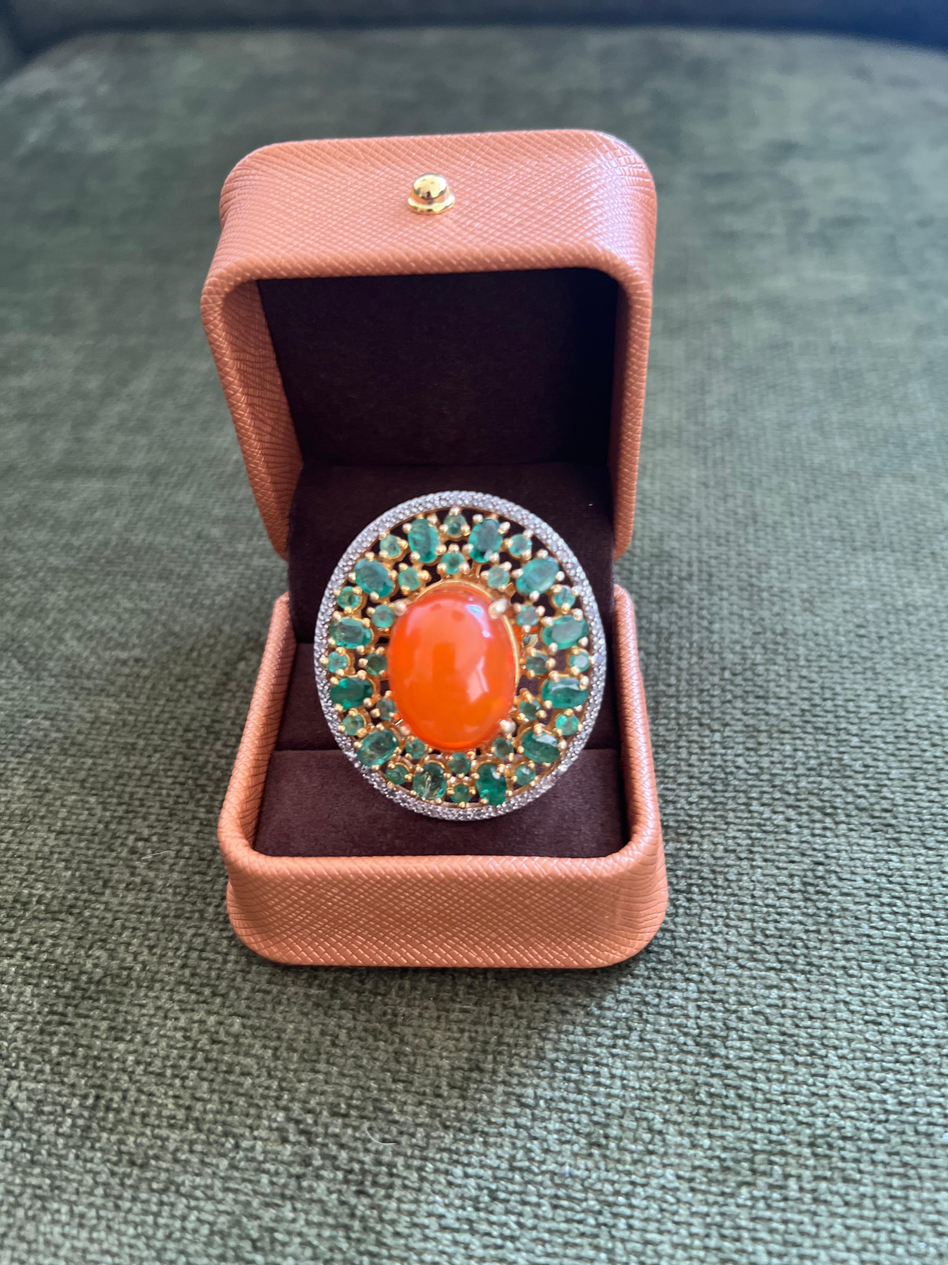 Art Deco Bochic “Orient” Vintage Diamonds, Emeralds & Opal  Ring Set In 18K Gold & Silver For Sale