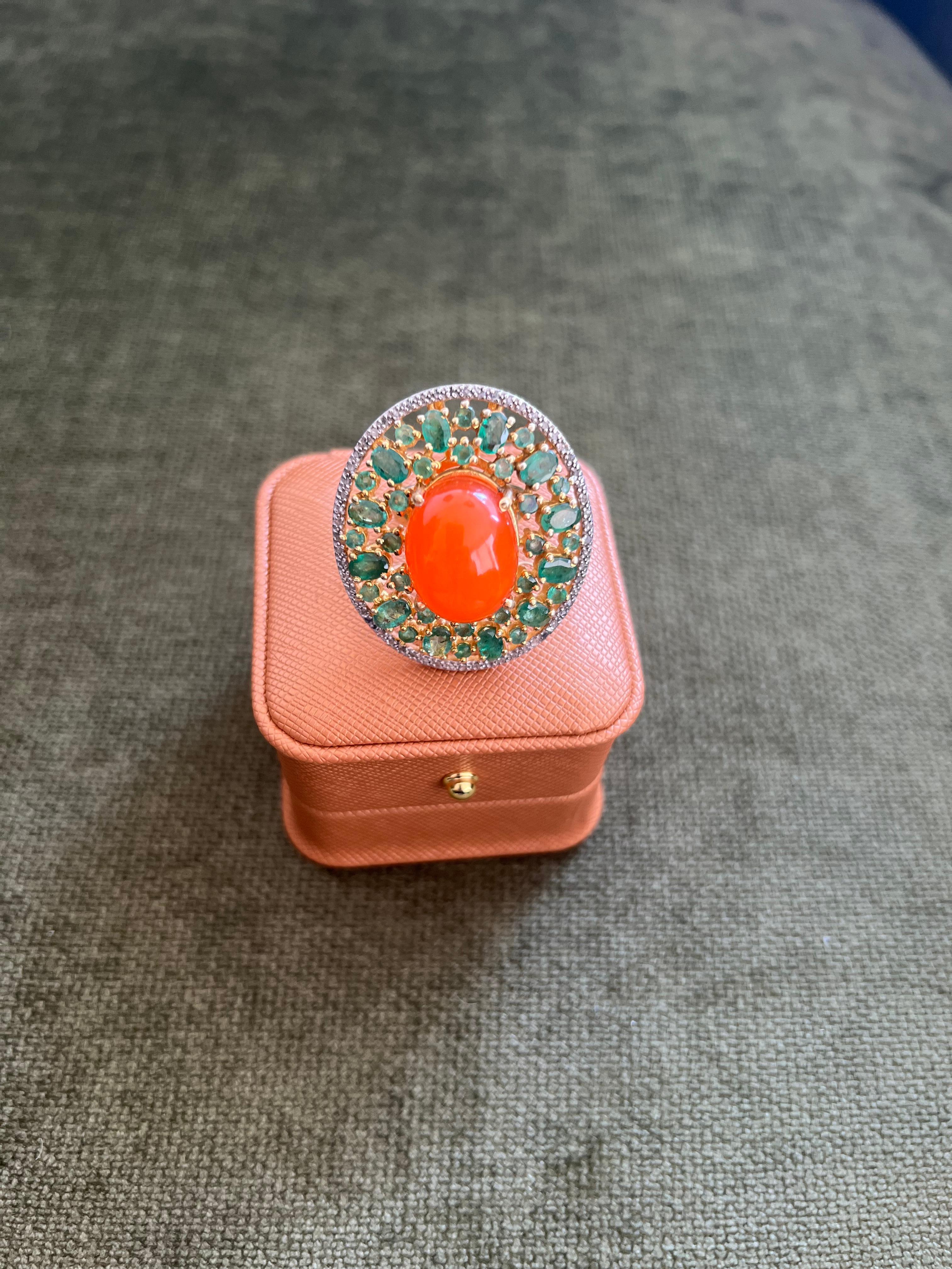 Brilliant Cut Bochic “Orient” Vintage Diamonds, Emeralds & Opal  Ring Set In 18K Gold & Silver For Sale