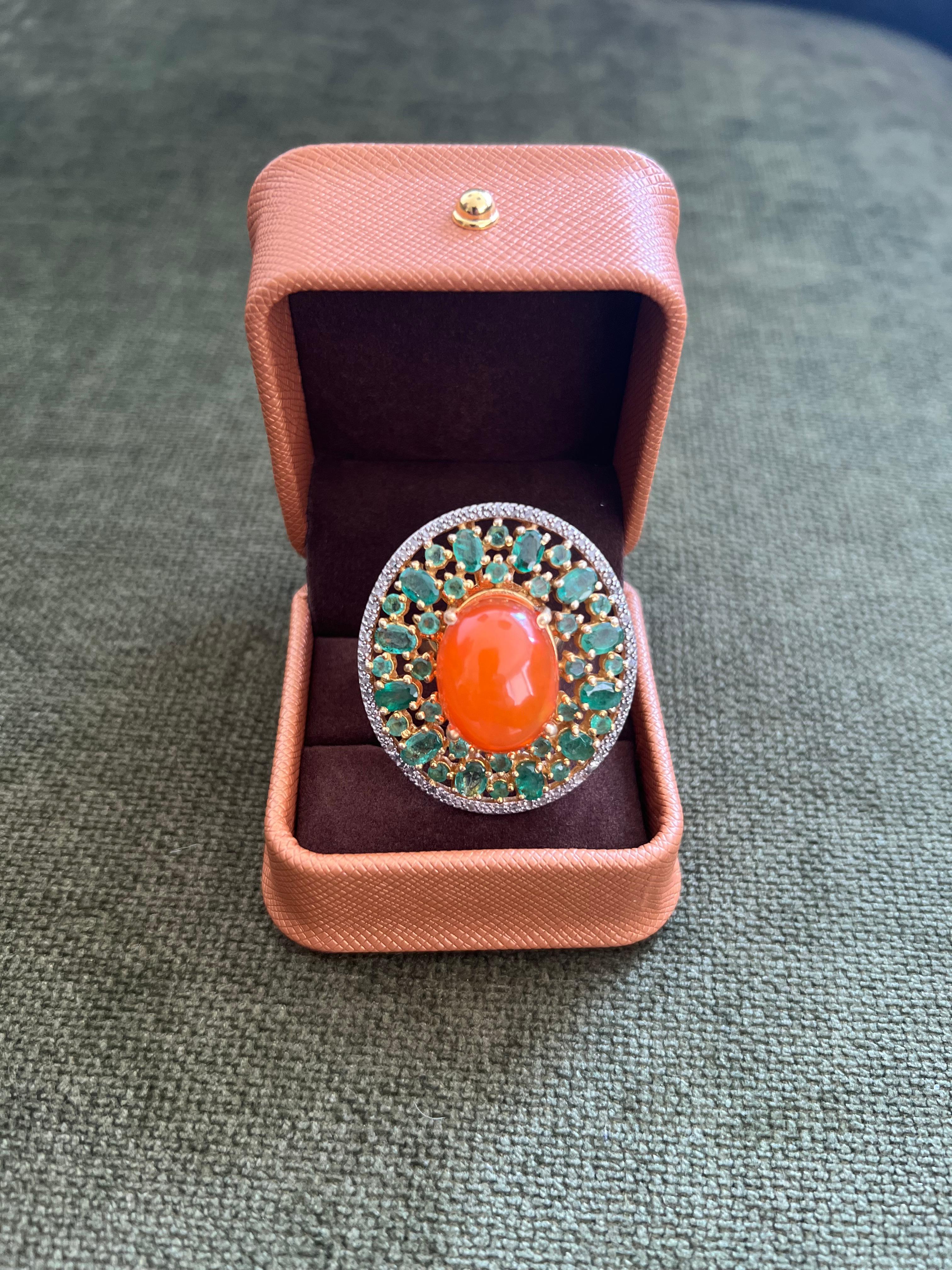 Women's or Men's Bochic “Orient” Vintage Diamonds, Emeralds & Opal  Ring Set In 18K Gold & Silver For Sale