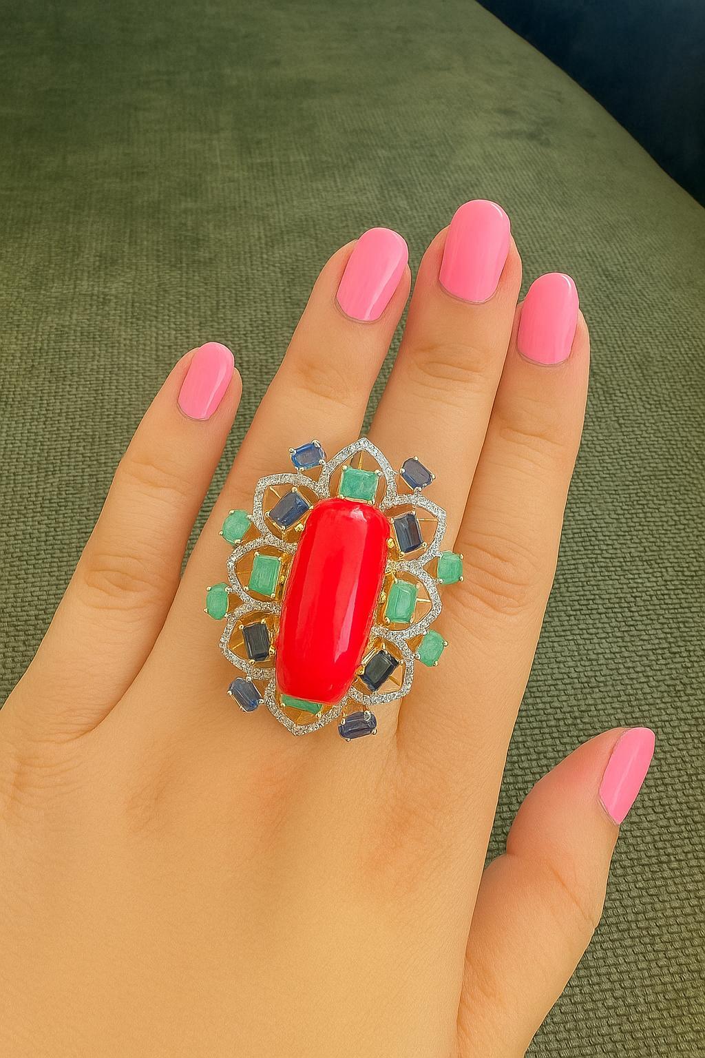Bochic “Orient” Vintage Diamond, Emeralds, Sapphire & Opal Ring Set 18K Gold & For Sale 5