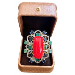 Bochic “Orient” Vintage Emeralds, Sapphire & Opal Ring Set In 18K Gold & Silver