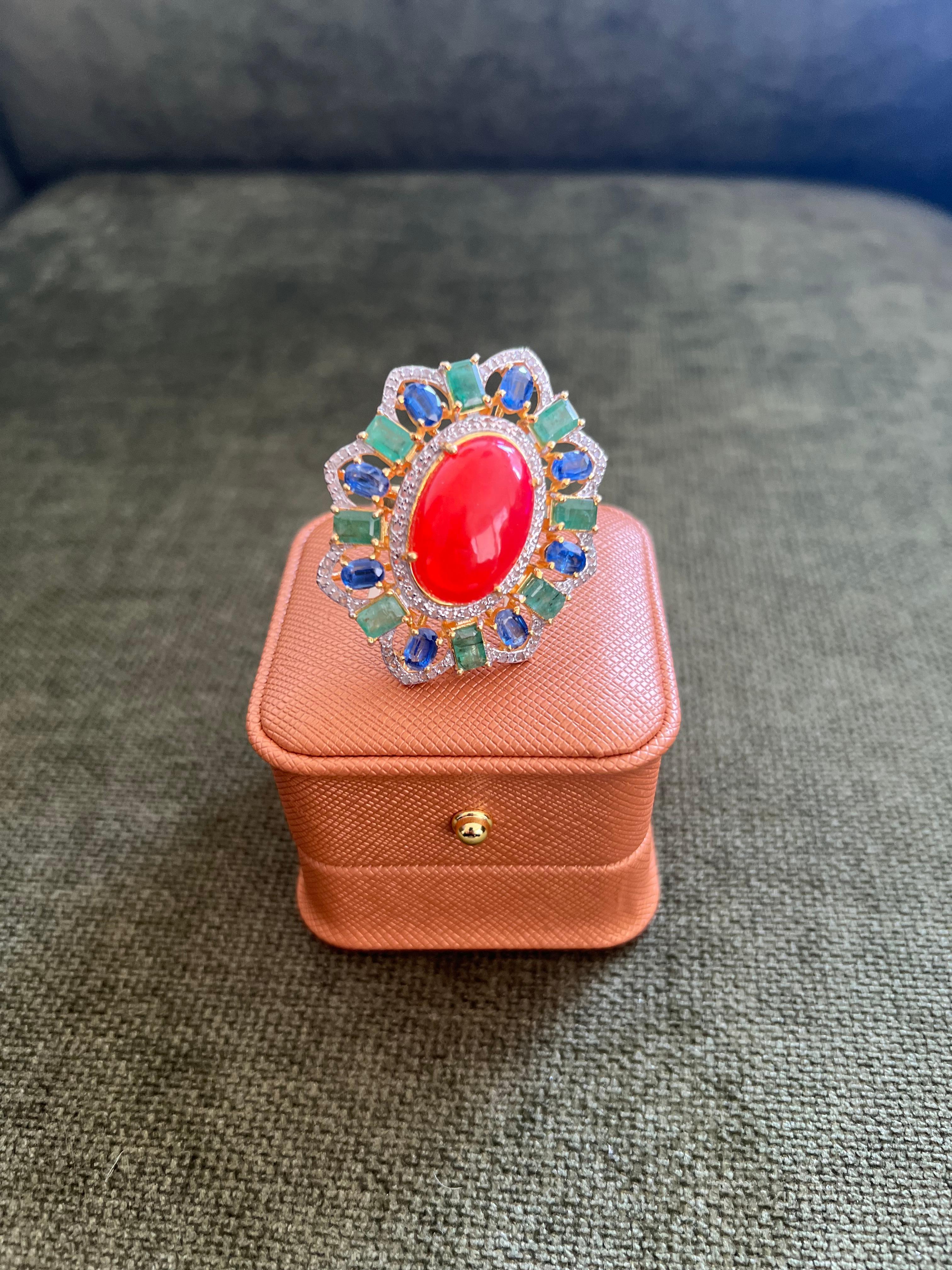 Bochic “Orient” Vintage Diamonds, Emeralds & Sapphire Ring Set In 18K Gold & Sil For Sale 4