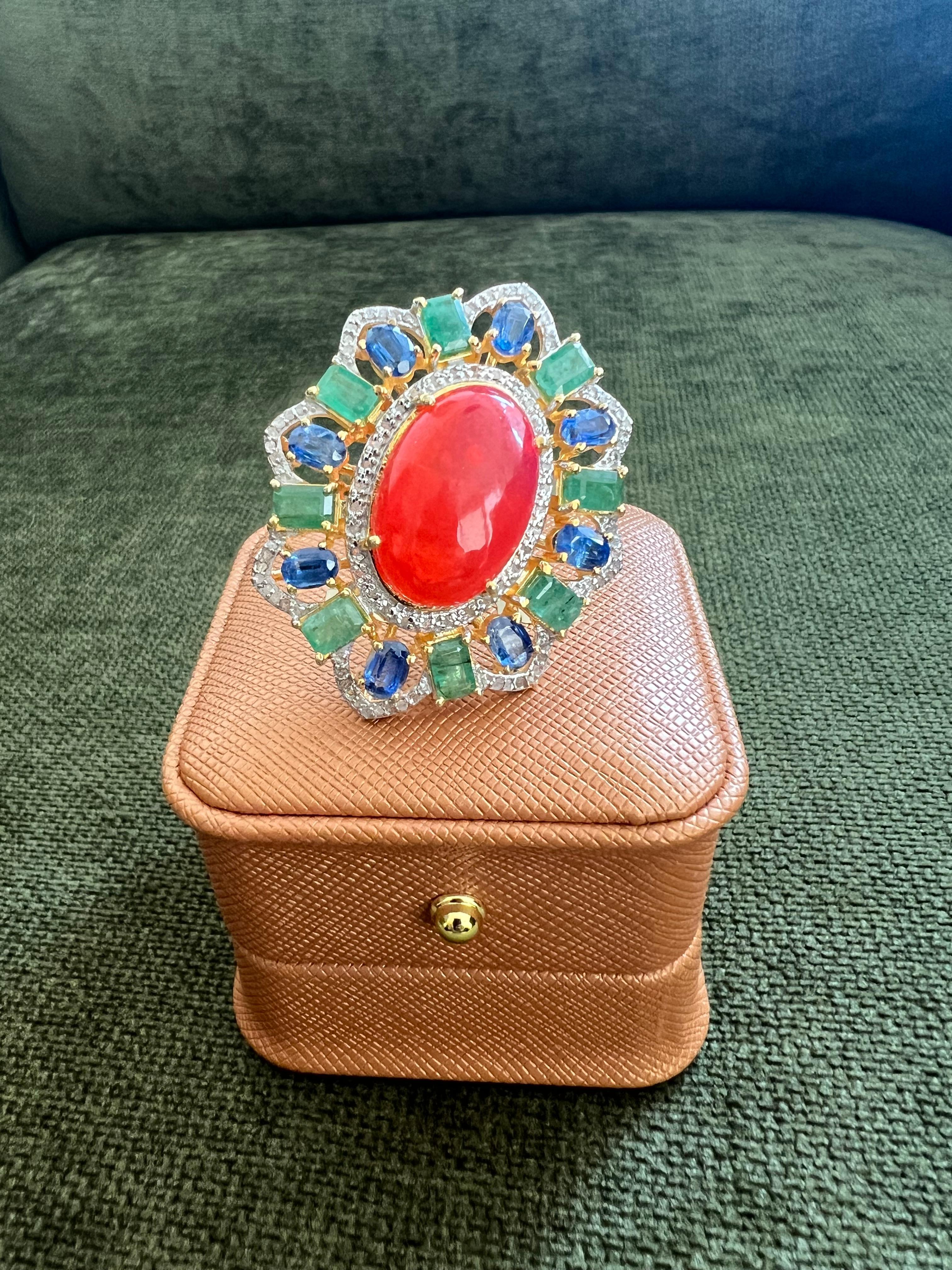 Bochic “Orient” Vintage Diamonds, Emeralds & Sapphire Ring Set In 18K Gold & Sil For Sale 5