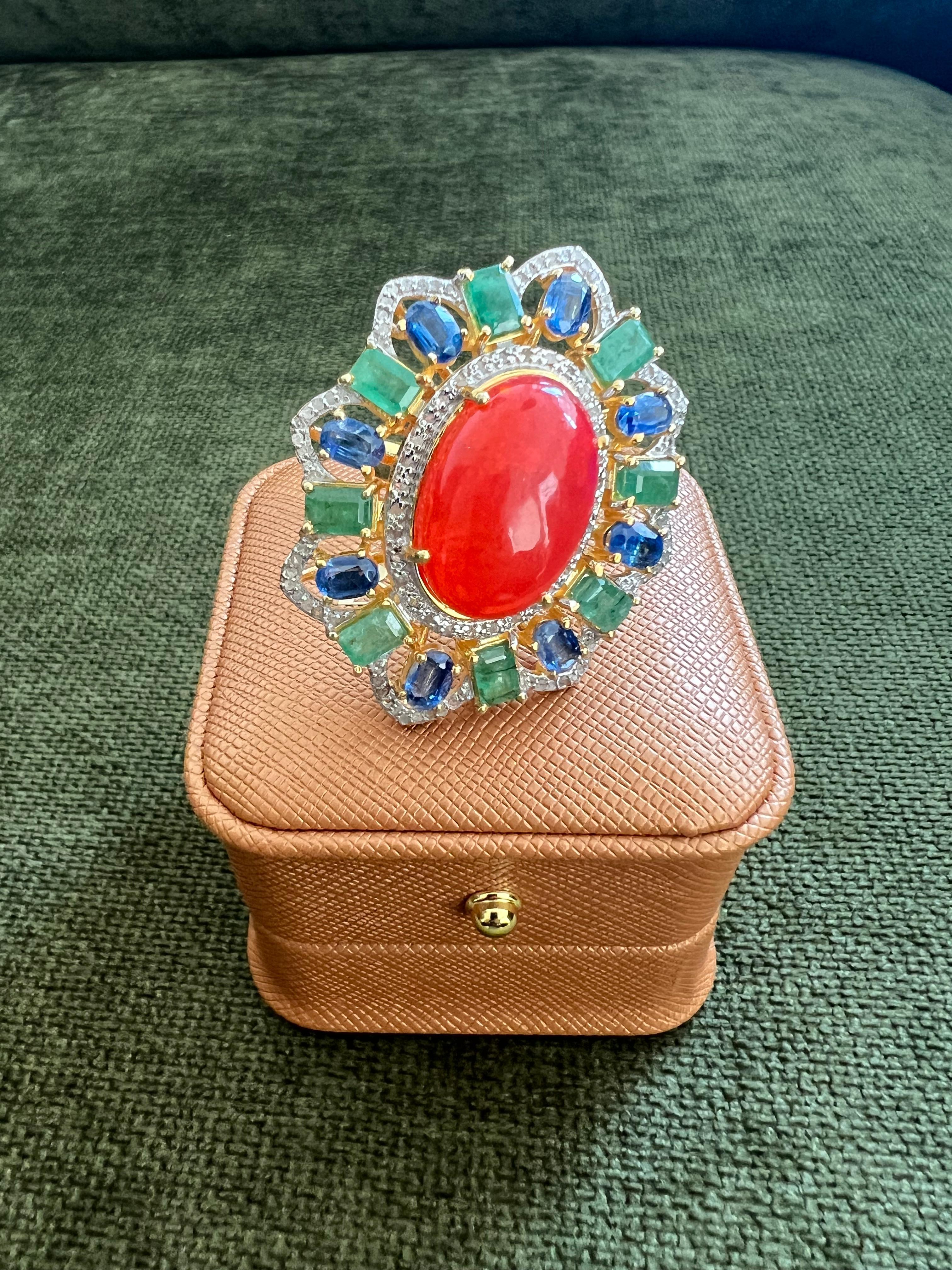Bochic “Orient” Vintage Diamonds, Emeralds, Sapphirs & Opal Ring Set In 18K Gold & Silver

Natural Center Orange Opal 
9.00 Carat 
Natural Emeralds
3.00 Carats 
Natural Sapphires
3.00 Carats 
Natural Single Cut Diamonds 
2.00 Carats 

This Ring is