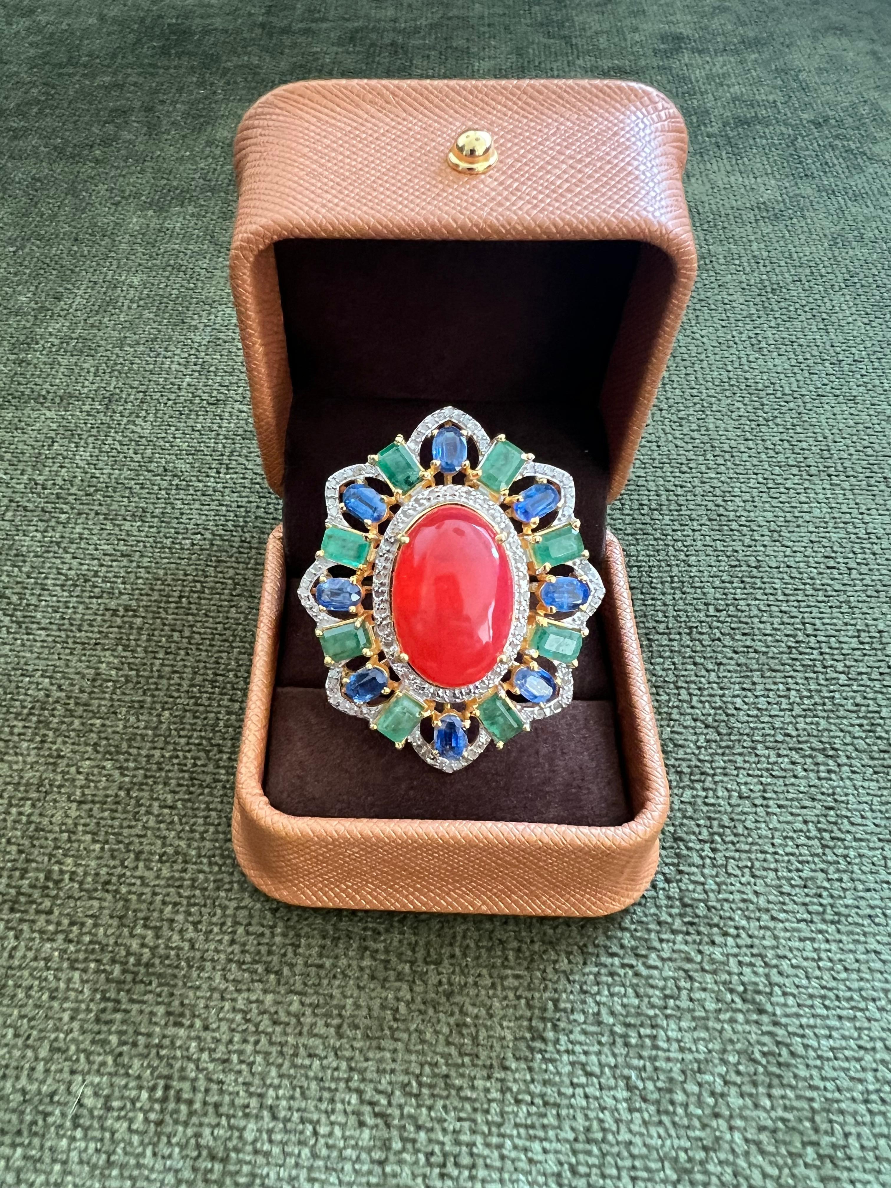 Baroque Bochic “Orient” Vintage Diamonds, Emeralds & Sapphire Ring Set In 18K Gold & Sil For Sale