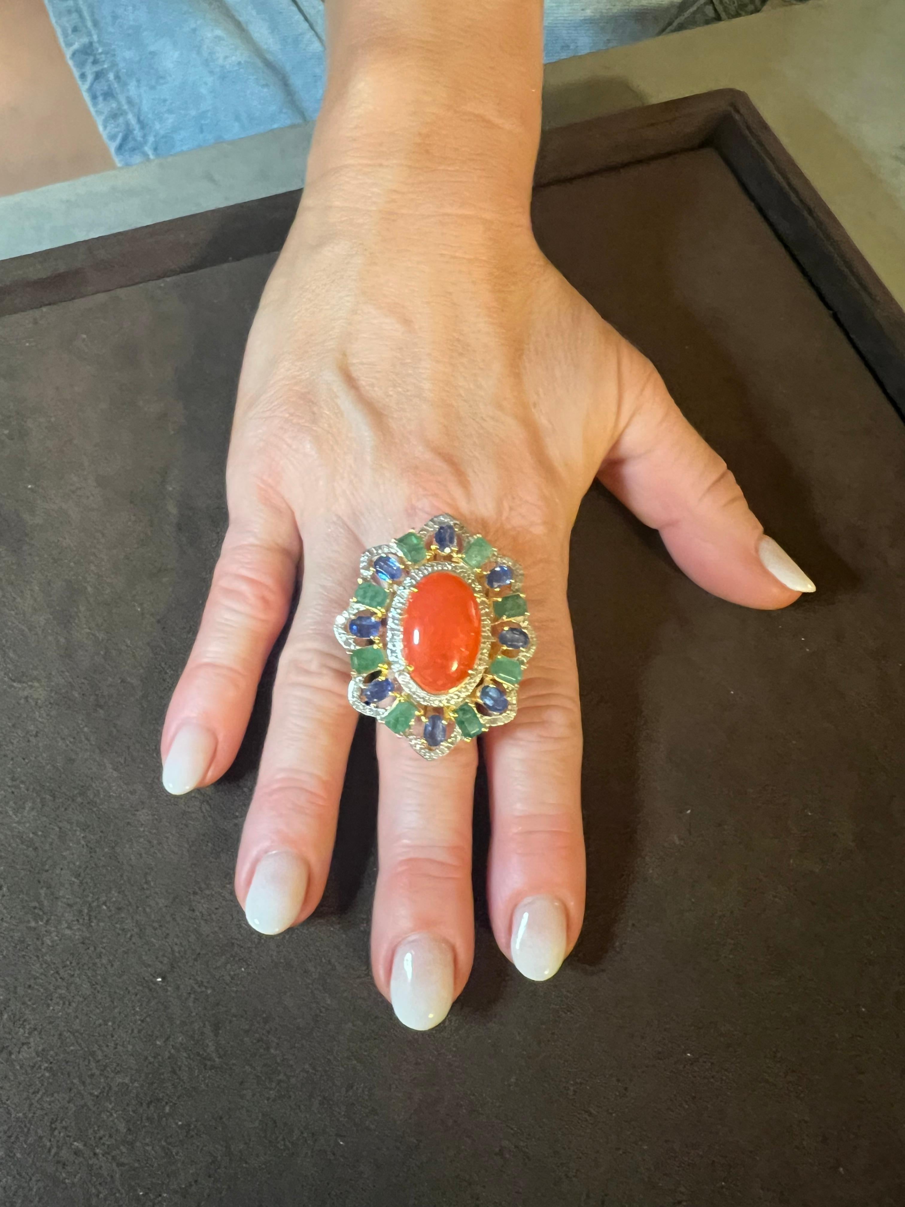Bochic “Orient” Vintage Diamonds, Emeralds & Sapphire Ring Set In 18K Gold & Sil For Sale 3