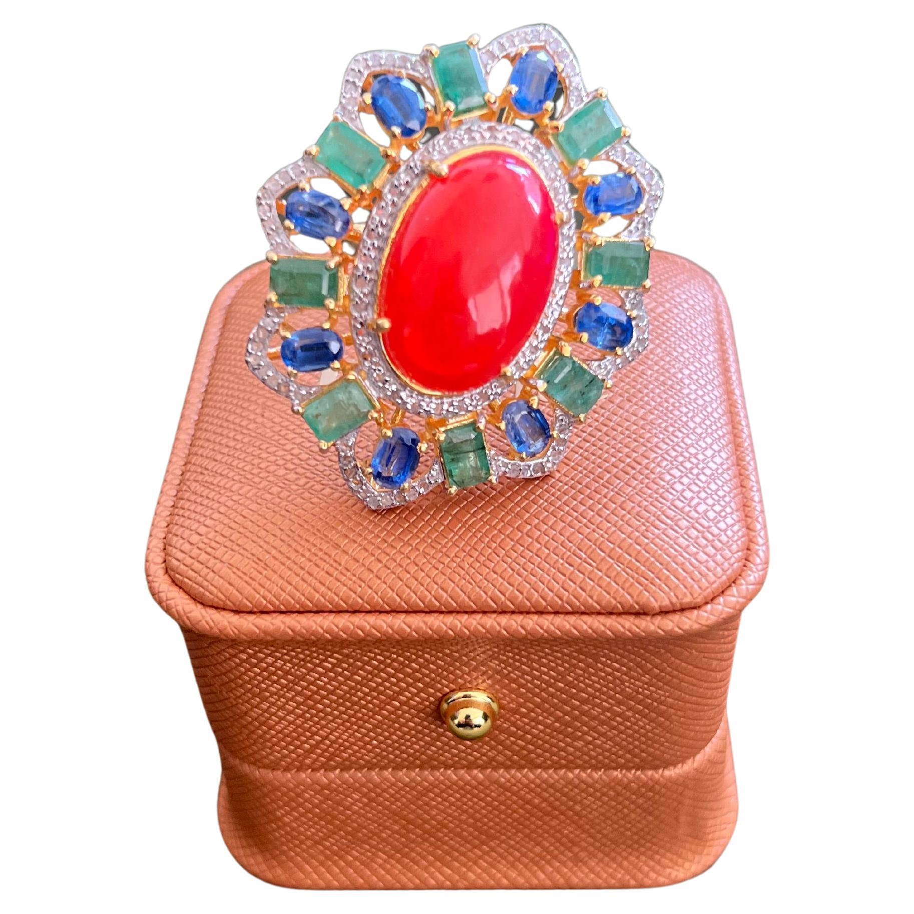 Bochic “Orient” Vintage Diamonds, Emeralds & Sapphire Ring Set In 18K Gold & Sil