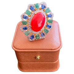 Bochic “Orient” Vintage Diamonds, Emeralds & Sapphire Ring Set In 18K Gold & Sil