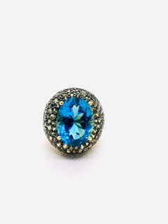 Bochic “Orient” Vintage Gray Diamond, & Blue Topaz Ring Set In 18K Gold & Silver
