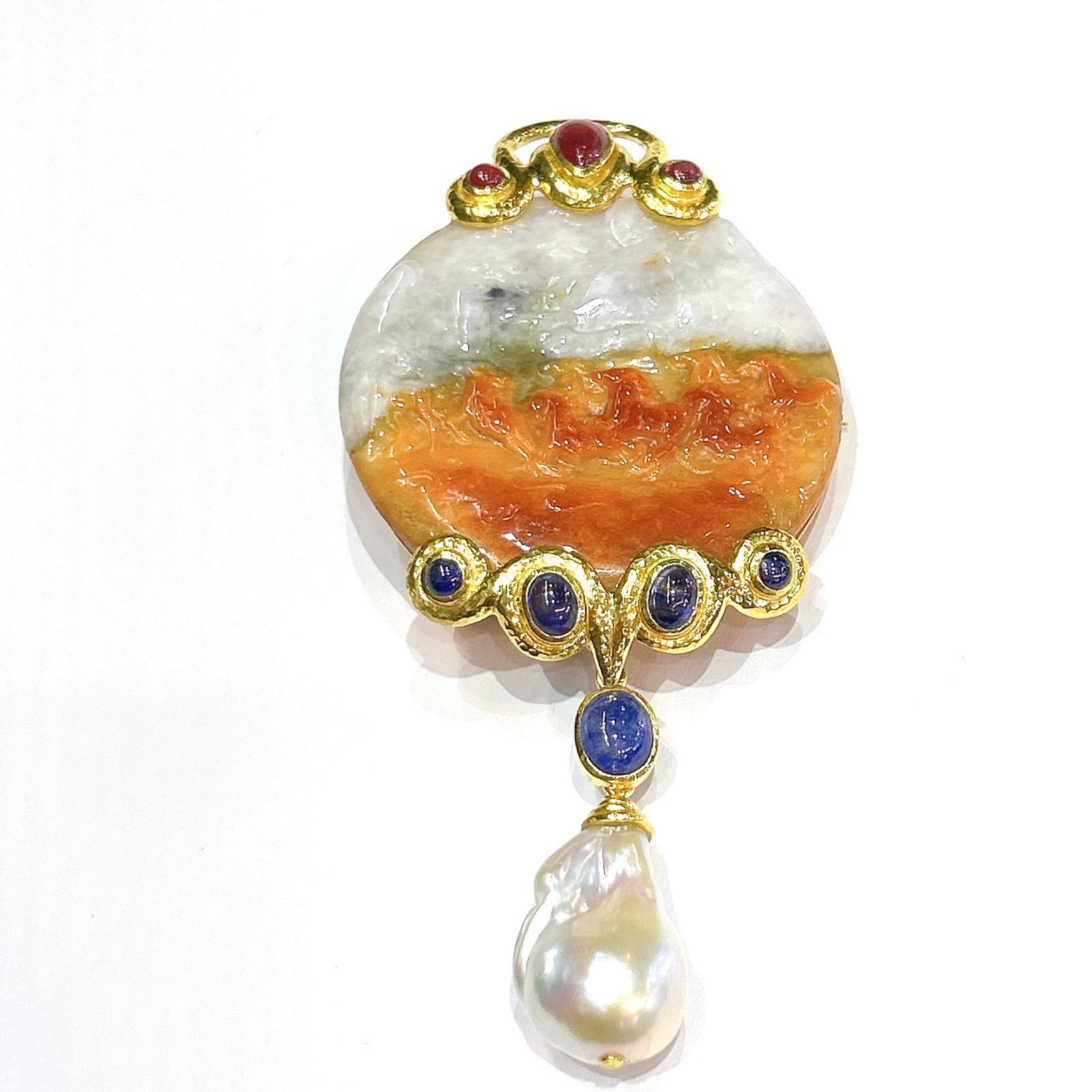 Baroque Revival Bochic “Orient” Vintage Jade & Blue Sapphire Brooch, Pendant Set In 18K Gold For Sale