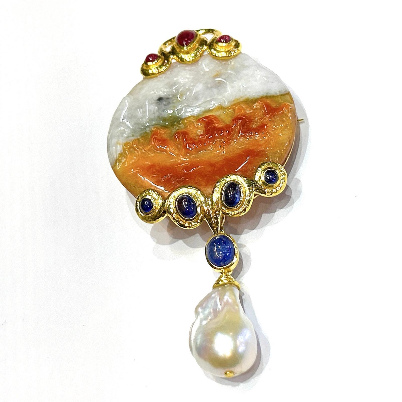 Cabochon Bochic “Orient” Vintage Jade & Blue Sapphire Brooch, Pendant Set In 18K Gold For Sale