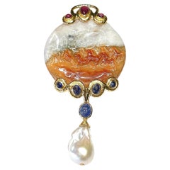 Bochic “Orient” Vintage Jade & Blue Sapphire Brooch, Pendant Set In 18K Gold