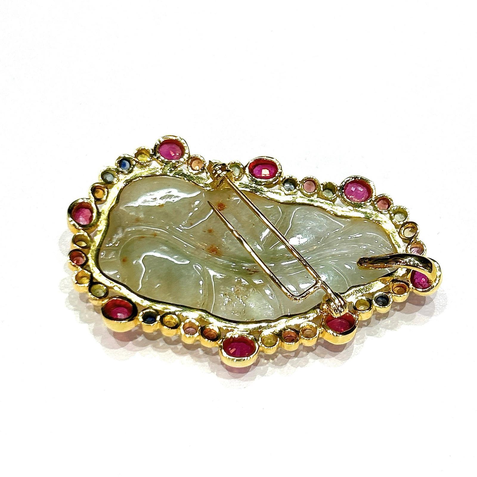 One of a kind Bochic “Orient” Vintage Jade Multi Gem & Ruby Brooch Set In 18K Gold & Silver 

Natural Red Ruby, Oval shape - 2 carat 
Multi color Natural Sapphires from Sri Lanka 
1 carat
Vintage Jade, honey, green colors 

The Brooch is from the