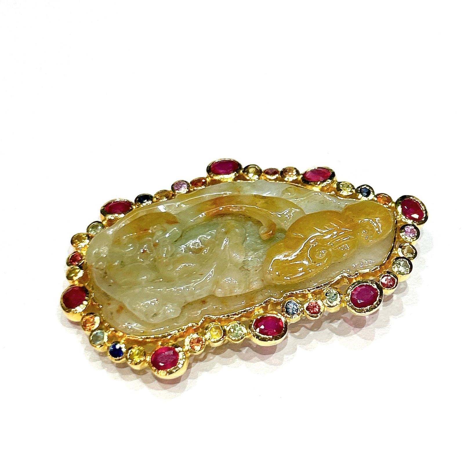 Baroque Bochic “Orient” Vintage Jade Multi Gem & Ruby Brooch Set In 18K Gold & Silver  For Sale