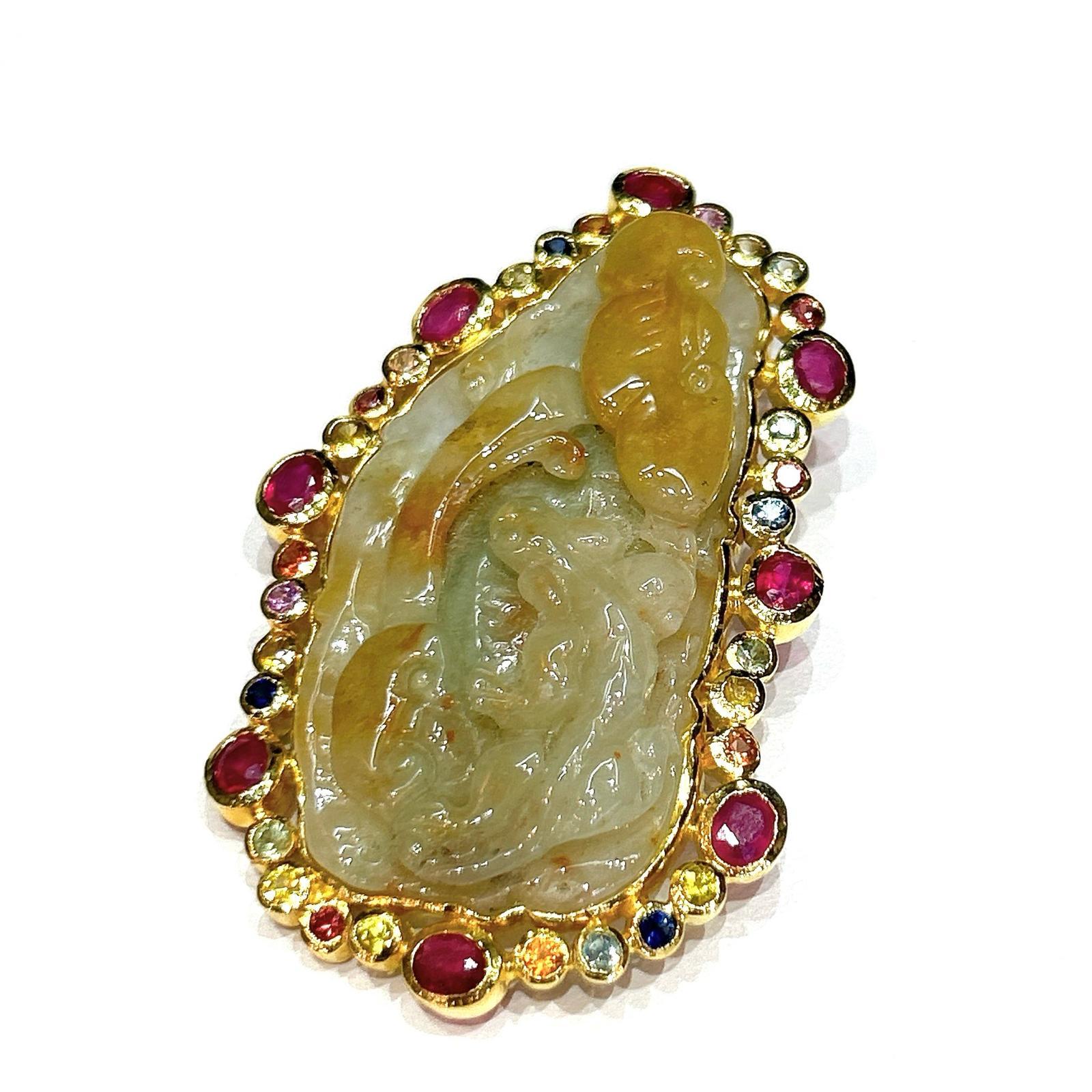Bochic “Orient” Vintage Jade Multi Gem & Ruby Brooch Set In 18K Gold & Silver  In New Condition For Sale In New York, NY