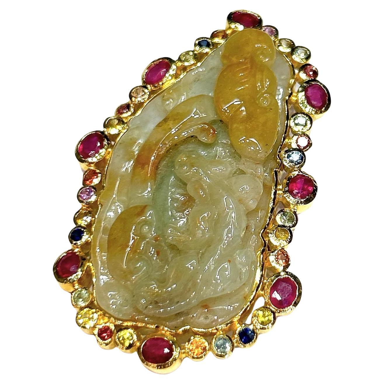 Bochic “Orient” Vintage Jade Multi Gem & Ruby Brooch Set In 18K Gold & Silver  For Sale