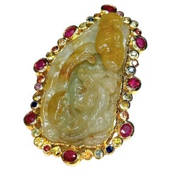 Bochic “Orient” Vintage Jade Multi Gem & Ruby Brooch Set In 18K Gold & Silver 