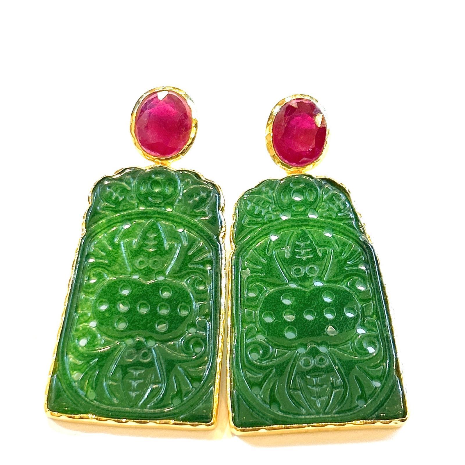 Cabochon Bochic “Orient” Vintage Jade & Red Ruby Earrings set in 18K Gold & Silver For Sale