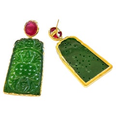 Bochic “Orient” Vintage Jade & Red Ruby Earrings set in 18K Gold & Silver